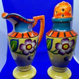 Vintage Lusterware Creamer Muffineer Sugar Shaker Set, Hand Painted in Japan